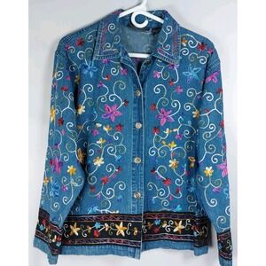 Life Style Denim Bright Floral Embroidered Jacket Button‎ Up Cotton Wms Medium